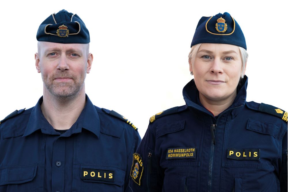 Ida Hasselroth, kommunpolis, och Anders Johansson, gruppchef för områdespolisen med NIGS-kompetens – nationellt ingripande och spaning.