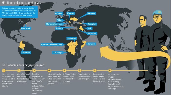 Karta över i vilka länder utlandsstyrkan finns och information om ansökningsprocessen. Grafik.