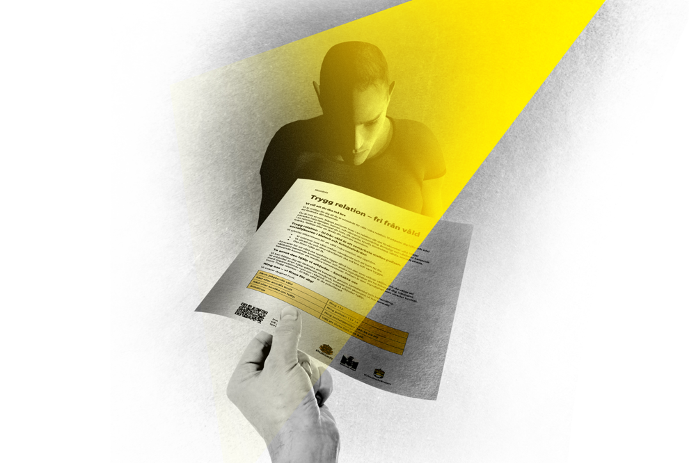 Illustration: en man står och tittar nedåt. Framför honom sträcker en hand ut ett infoblad om Trygg relation – fri från våld.