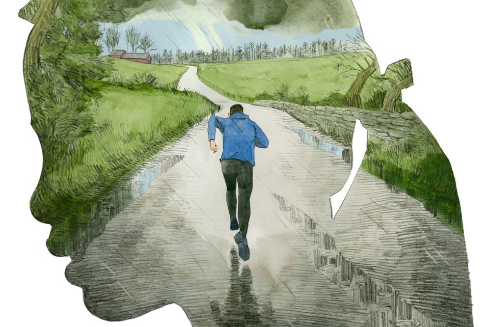 Illustration av en man som springer på en landsväg.