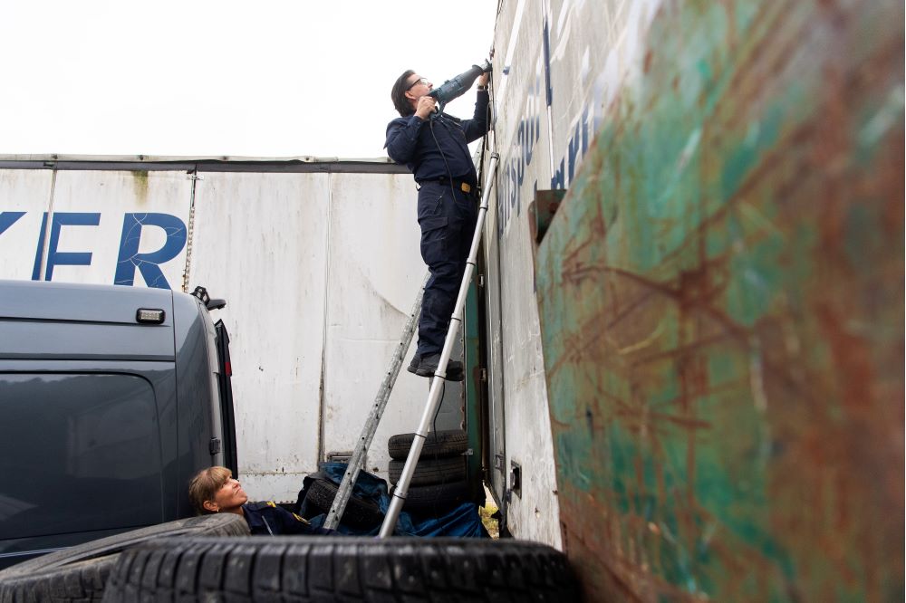 Erik Wikstrand står på en stege mot en trailer och sågar med en tigersåg. Foto.