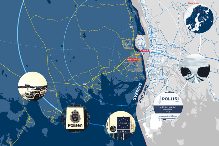 Grafik över en karta med Haparanda och finska Torneå. Foto.
