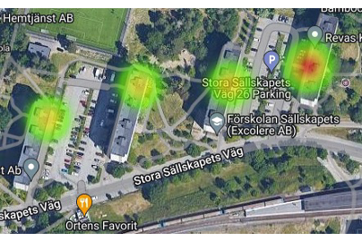 Kartutdrag från mätverktyget Embrace som visar att de röda fläckarna för otrygga platser på tidigare bild har minskat.