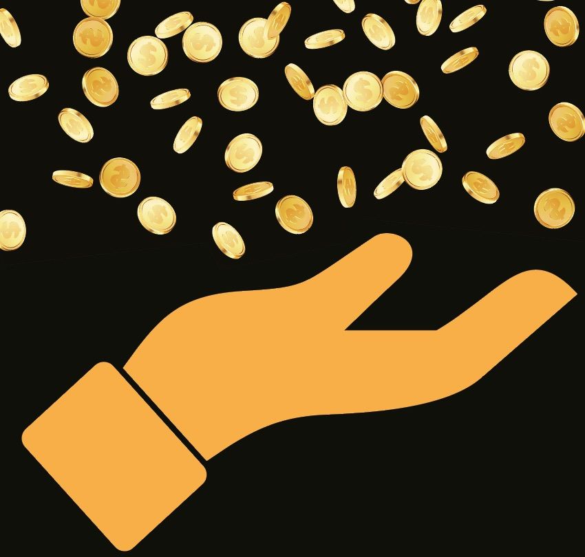 En hand som tar emot ett regn av guldpengar. Illustration.
