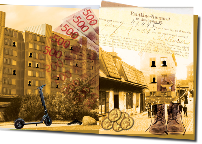En länga med flerfamiljshus och en pistol och en elskoter framför ses bredvid äldre flerfamiljshus med pengar och kängor framför. Kollage.