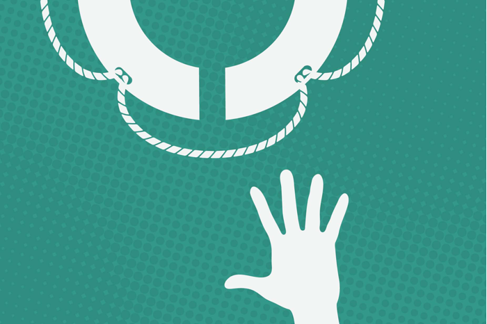 En hand sträcker sig efter en livboj. Illustration.