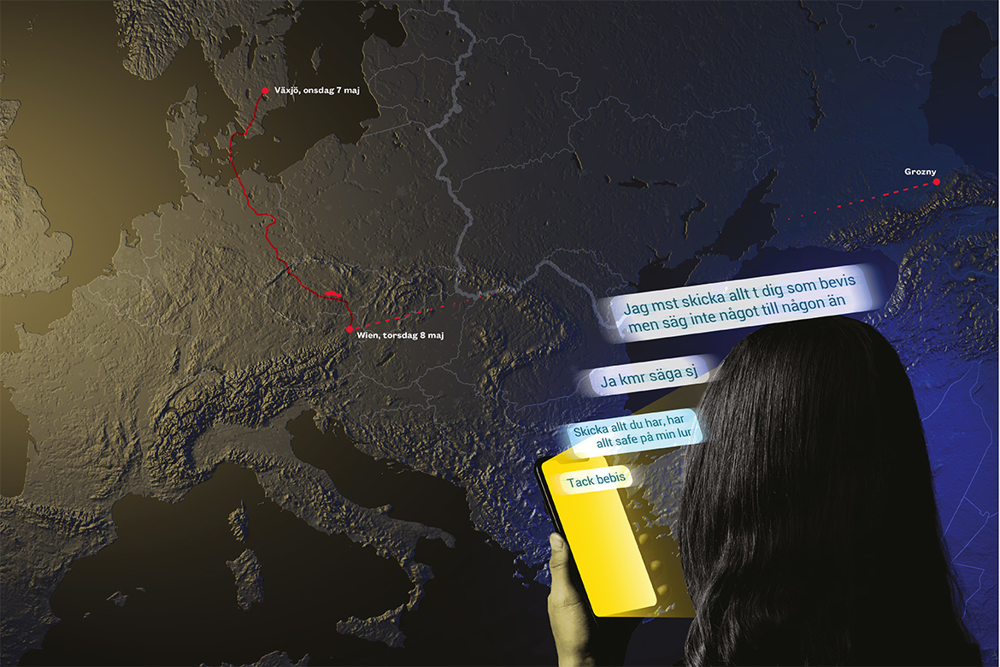 En karta över Europa där man ser en röd heldragen strecka från Växjö till Wien med en planerad streckad linje mot Grozny. Delar av sms-konversationen mellan Aishat och Frida. Illustration. 