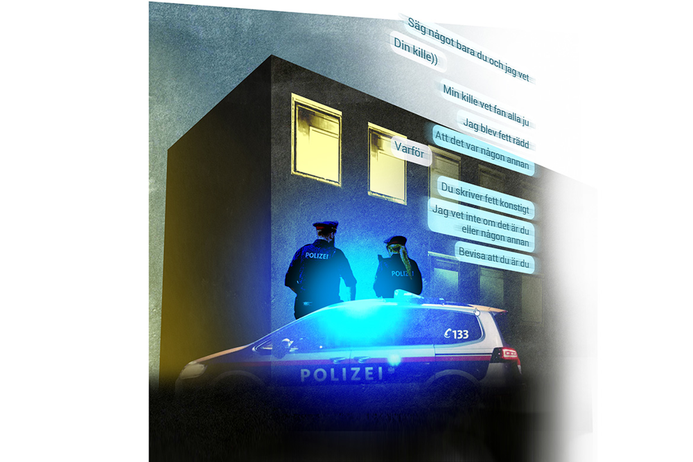 Två österrikiska poliser är på väg från polisbilen mot ett flerfamiljshus. Till höger ses delar av sms-konversationen mellan Frida och Aishats mamma. Illustration.