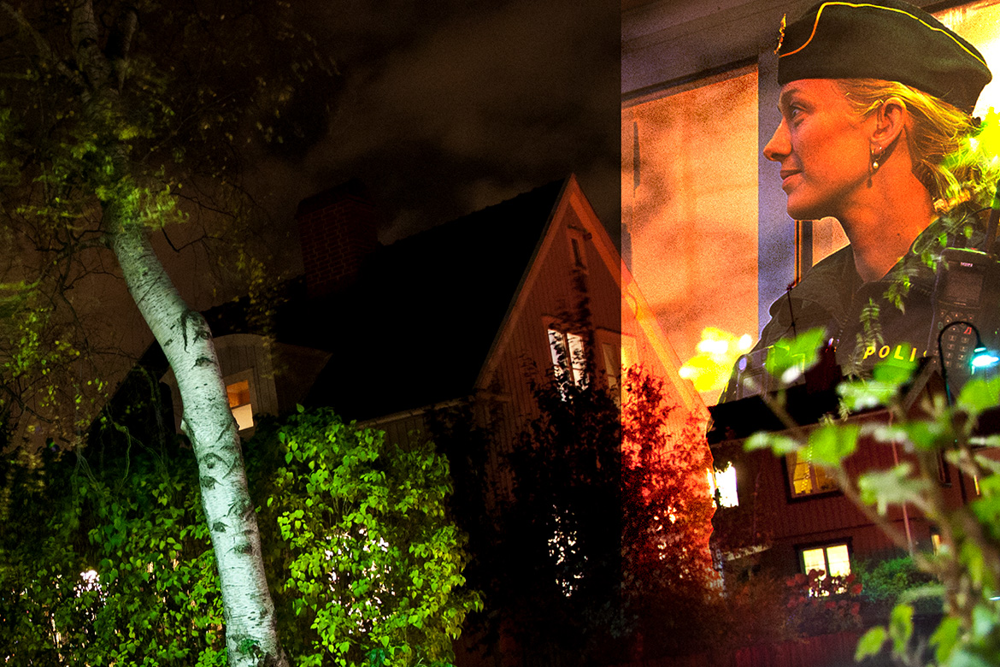 Siri Gottlander framför hus i ett bostadområde i ett fotomontage.