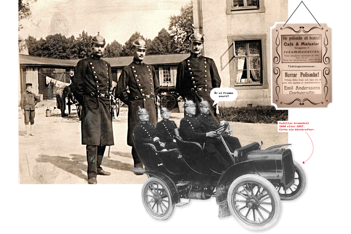 Tre poliskonstaplar står på en gata utanför ett flerfamiljshus, fyra konstaplar sitter i en cadillac årsmodell från början av 1900-talet, ett par tidningsannonser. Kollage.