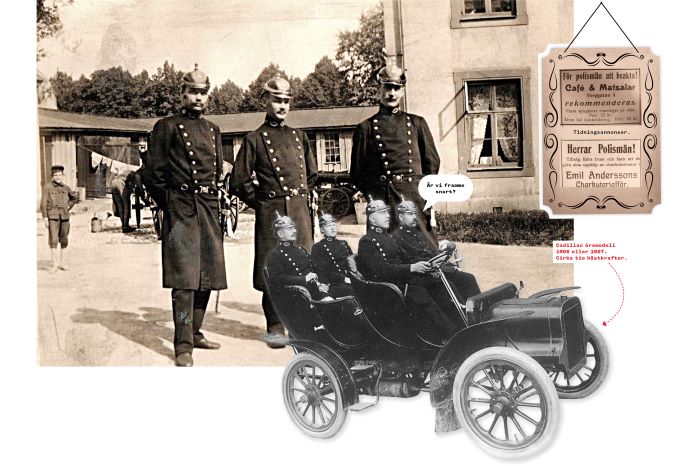 Tre poliskonstaplar står på en gata utanför ett flerfamiljshus, fyra konstaplar sitter i en cadillac årsmodell från början av 1900-talet, ett par tidningsannonser. Kollage.