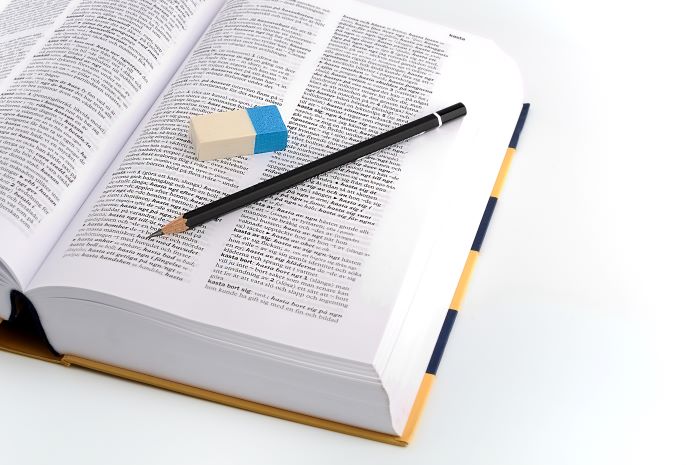 Ordbok, blyertspenna och suddgummi. Foto.
