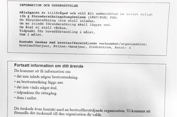 Utskrift av det omarbetade brevet till den som anmält ett brott