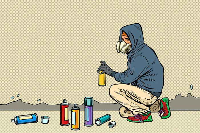 En tonårspojke målar graffitikonst på en vägg. Illustration.