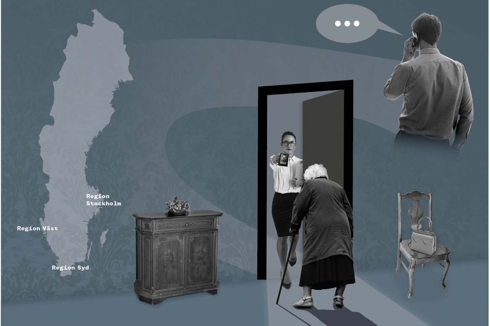 En gammal kvinna med käpp står vid en öppnad dörr där en kvinna håller fram id-bricka. Ovanför i bild ses en man med ryggen till prata i telefon. Illustration.