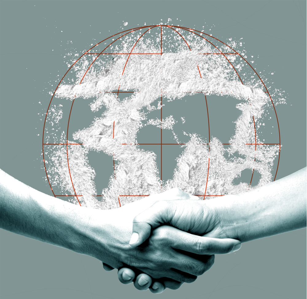 Ett handslag med två händer ses framför en kontur av en jordglob med vitt narkotikapulver utstrött över globen. Illustration.