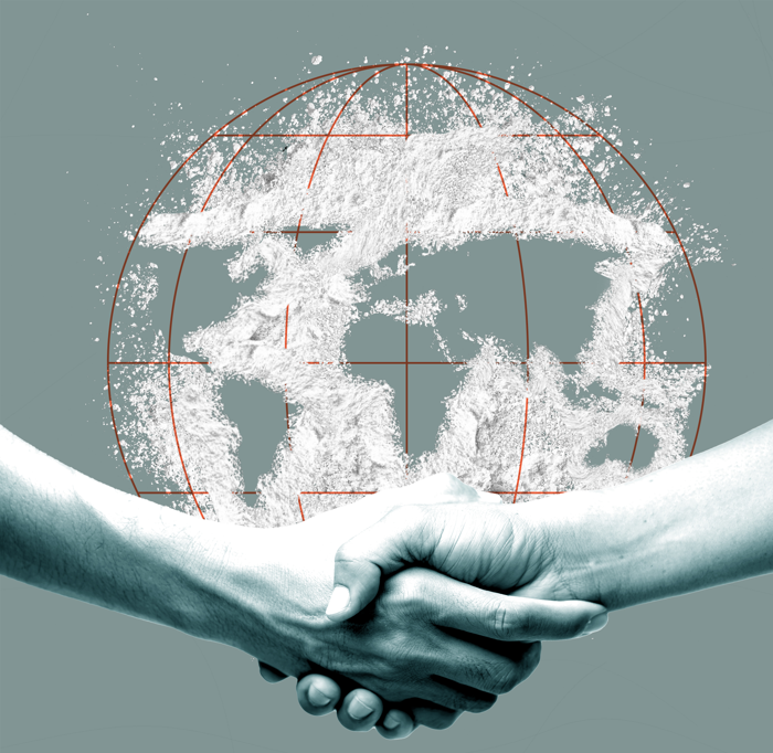 Ett handslag med två händer ses framför en kontur av en jordglob med vitt narkotikapulver utstrött över globen. Illustration.