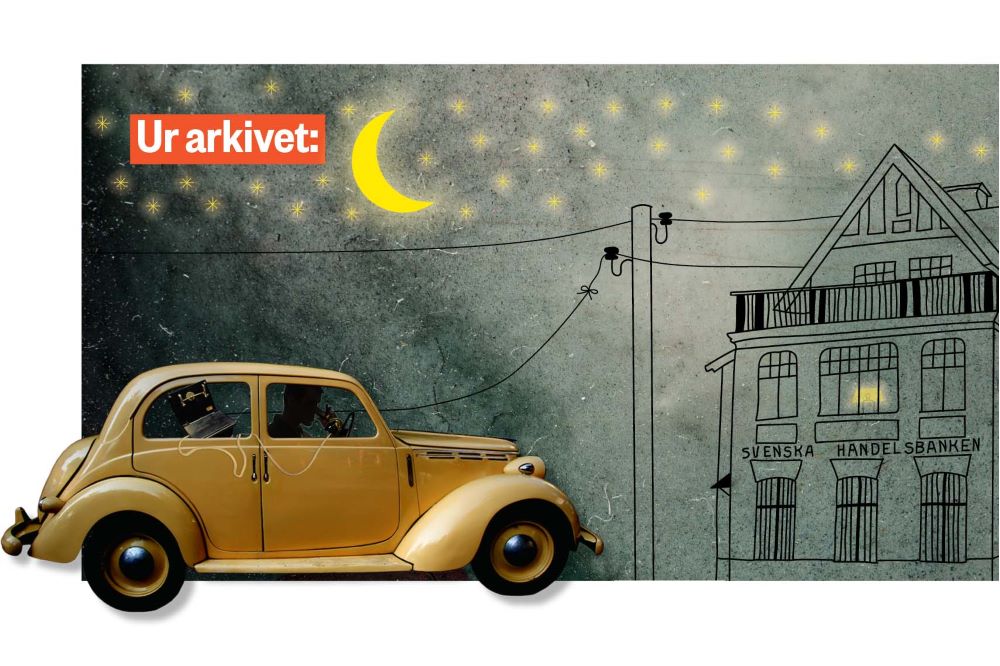 En gammal bil står vid Svenska Handelsbanken under stjärnklar himmel, och en lina löper från bilrutan och upp i en telefonledning. Illustration.