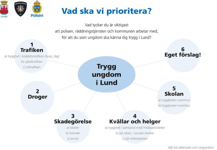 Punkter med sex förslag på vad som önskas att polisen prioriterar. Bild med text.