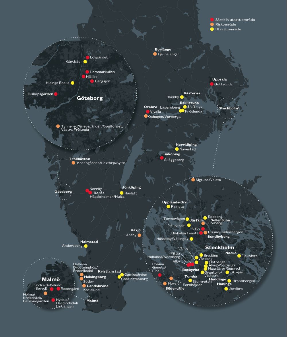 Polisens lägesbild där en karta visar alla utsatta områden i rött. Grafik.