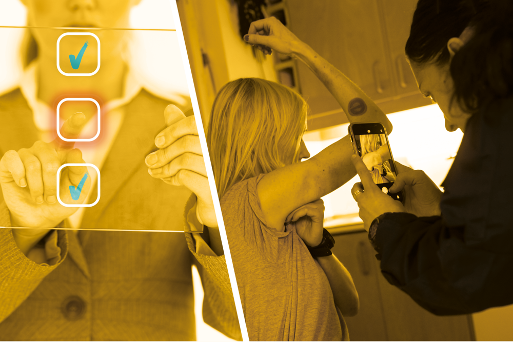 Ett kollage: En polis dokumenterar en skada från en misshandel med mobilkameran. Bredvid ses en kvinna bocka av en checklista. Foto.