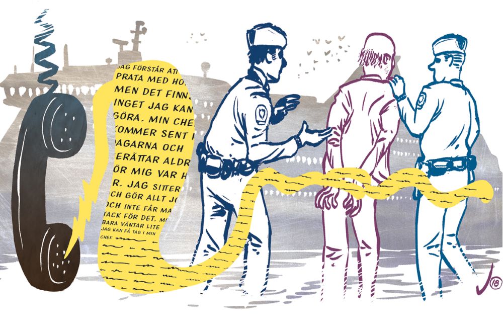 Illustration av en man som grips av två poliser.