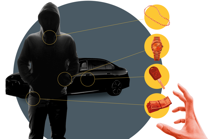 En mörk siluett av en man i huvtröja som står framför en bil av dyrare modell. Illustrationen visar att han har på sig en guldkedja, en dyr klocka och en bunt med sedlar.